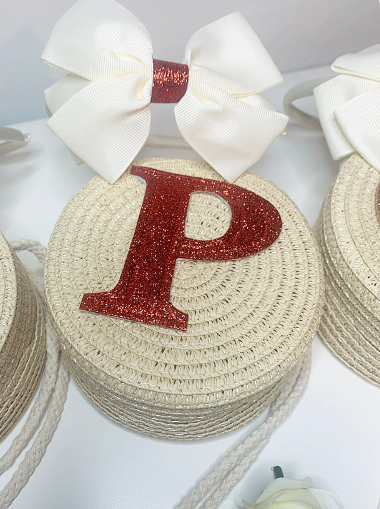 GLITTER INITIAL BAG - GOLD, SILVER OR RED