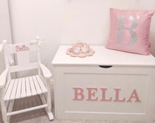 Load image into Gallery viewer, PERSONALISED TOY BOX  &amp; ROCKING CHAIR ***BUNDLE***  different lettering colours available
