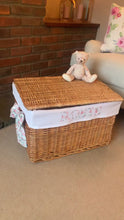 Load and play video in Gallery viewer, ***LARGE*** PERSONALISED WICKER STORAGE BASKET - LIBERTY LONDON FABRIC
